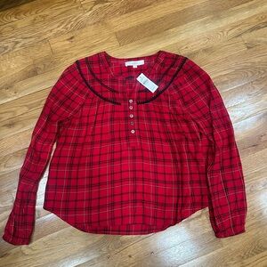 Red Plaid Long Sleeve Blouse Loft Small NWT